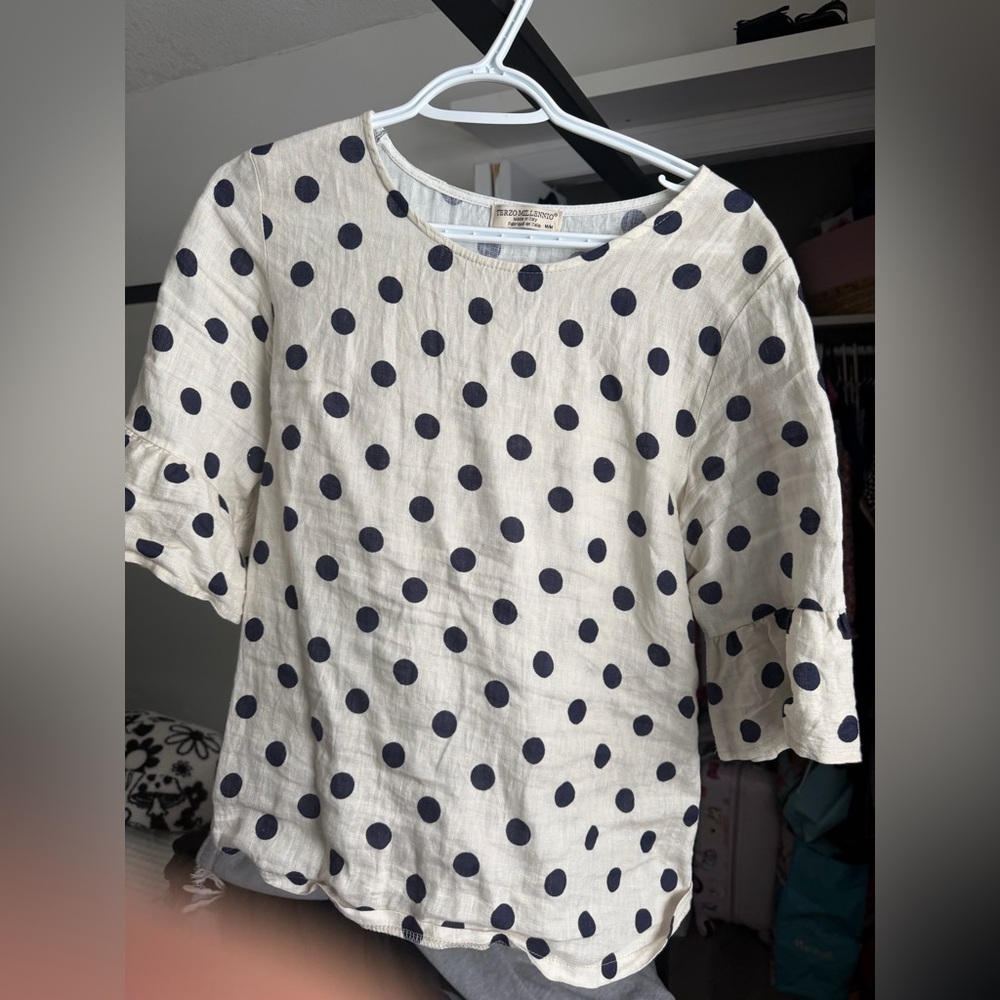 Linen Blouse with Navy Polka Dots